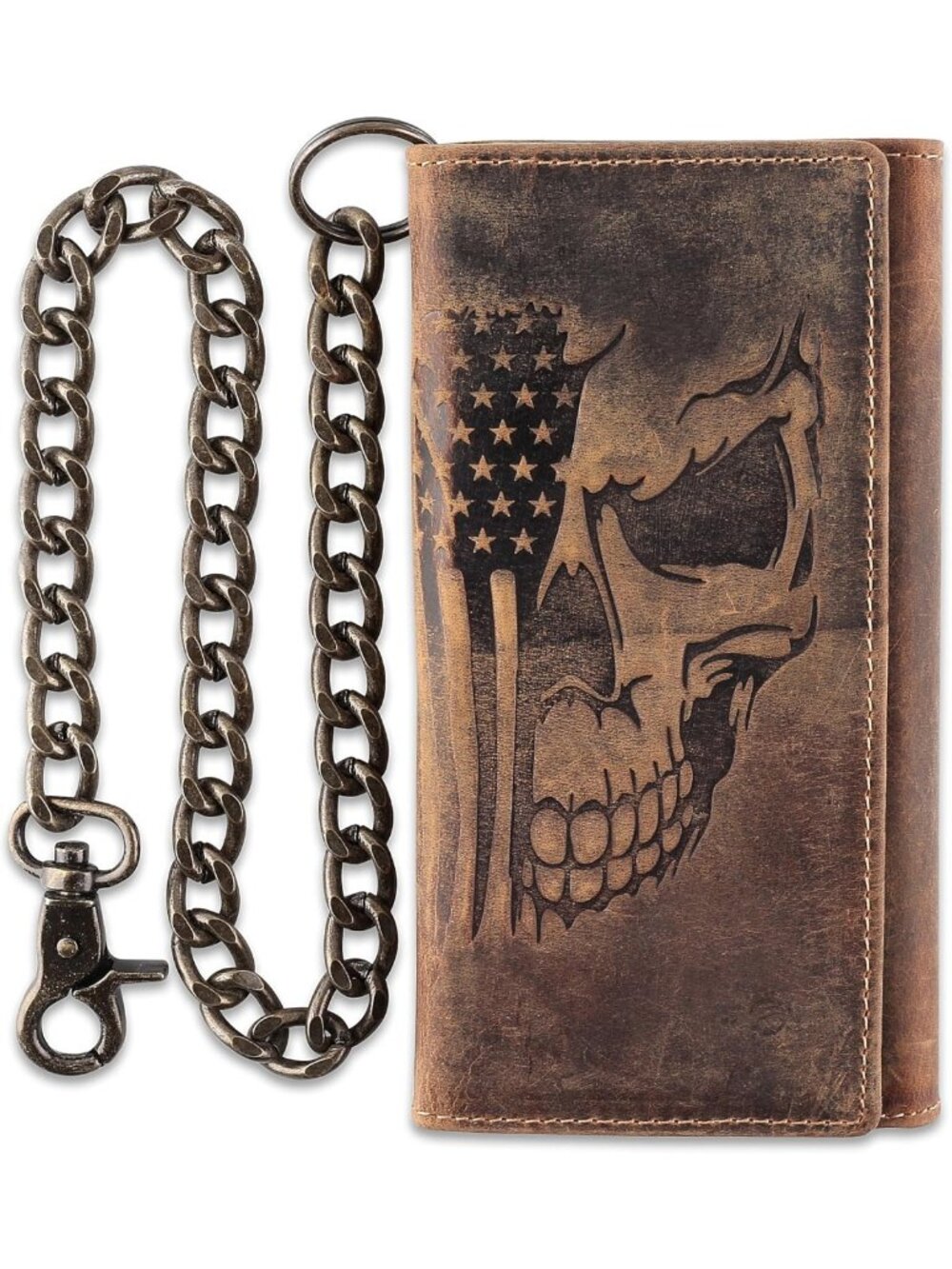 Classic RFID Blocking Men's Tri-Fold Leather Wallet with Chain - Brown Skull